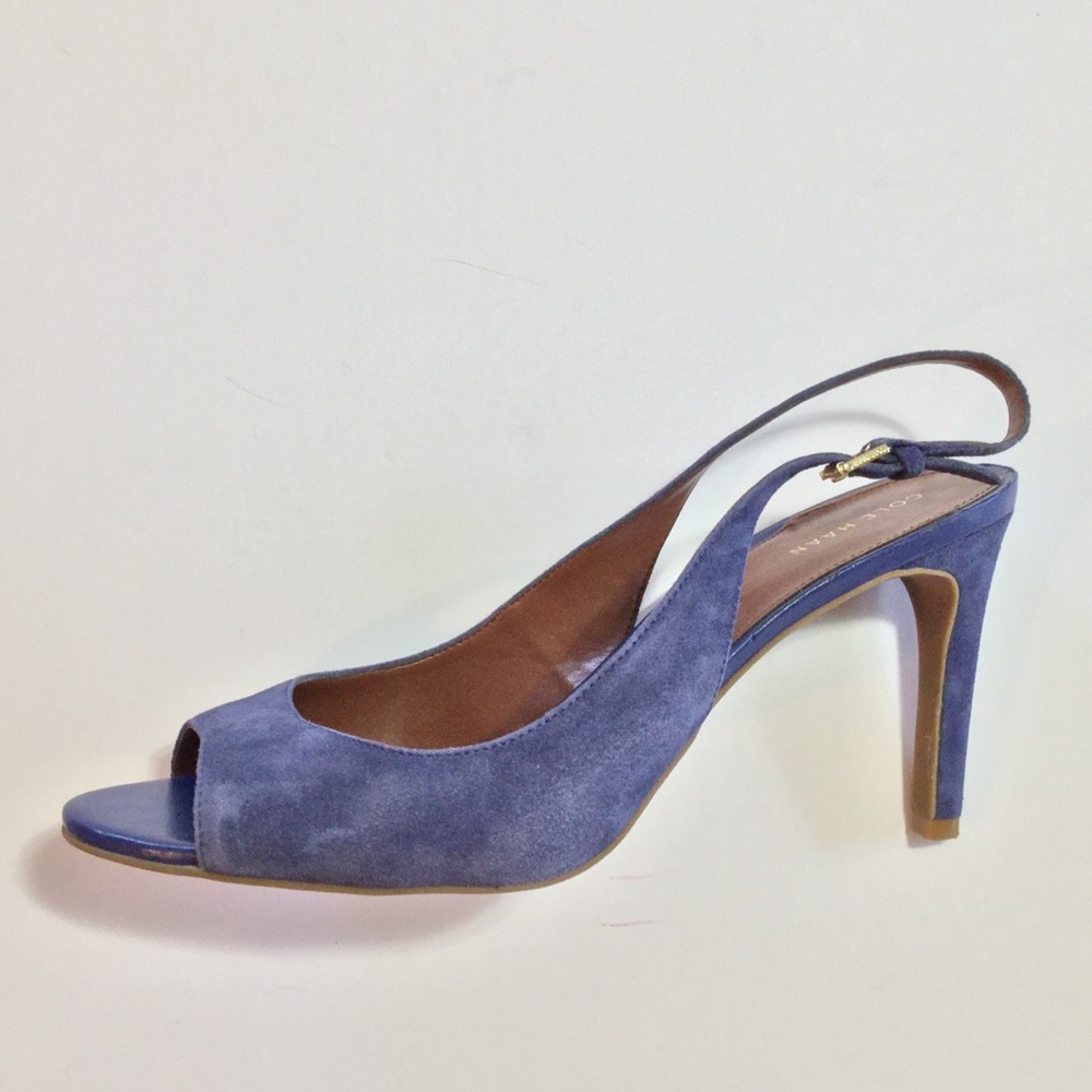 Cole Haan Blue Suede peep toe sling backs. Size 10